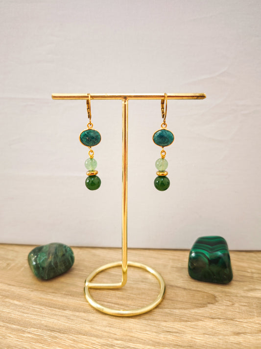 Boucles d’oreilles artisanales en émeraude, aventurine et agate verte sur acier inoxydable doré.