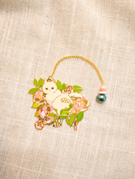 Marque-pages chat blanc et fleurs