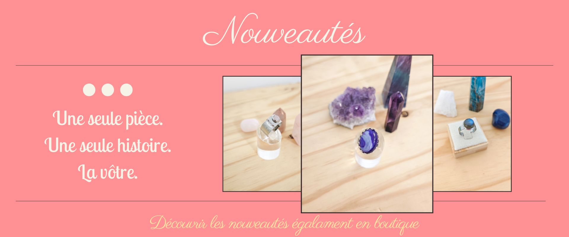 Bannière nouveautés bijoux faits main en pierres naturelles – bagues agate, améthyste, labradorite et quartz rose – création française